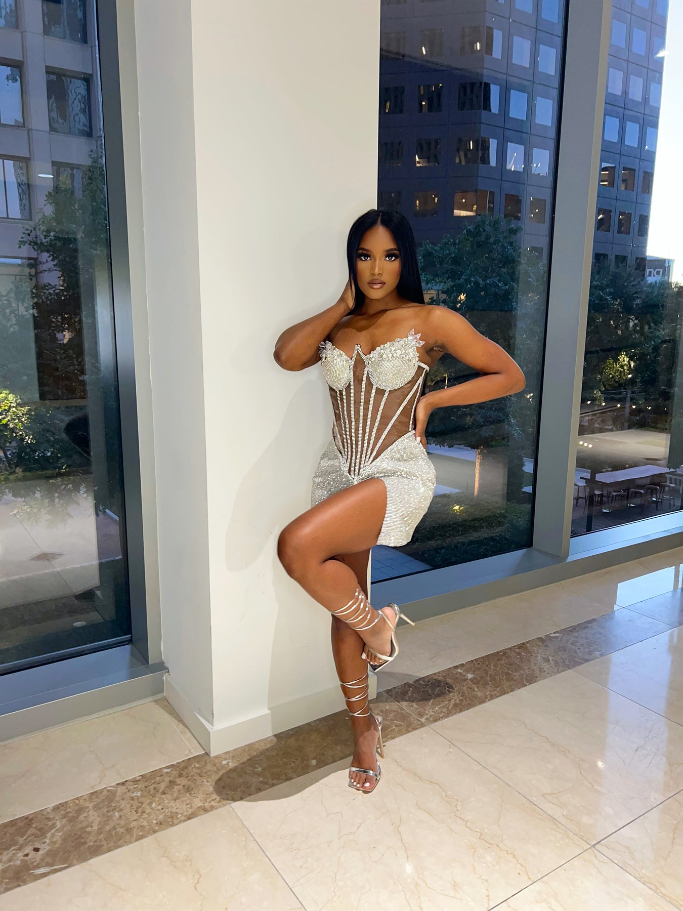 Silver Rhinestone Corset Mini Dress w/ Clear Crystal Detail Ken White Collection LLC Silver Rhinestone Corset Mini Dress w/ Clear Crystal Detail Ken White Collection LLC