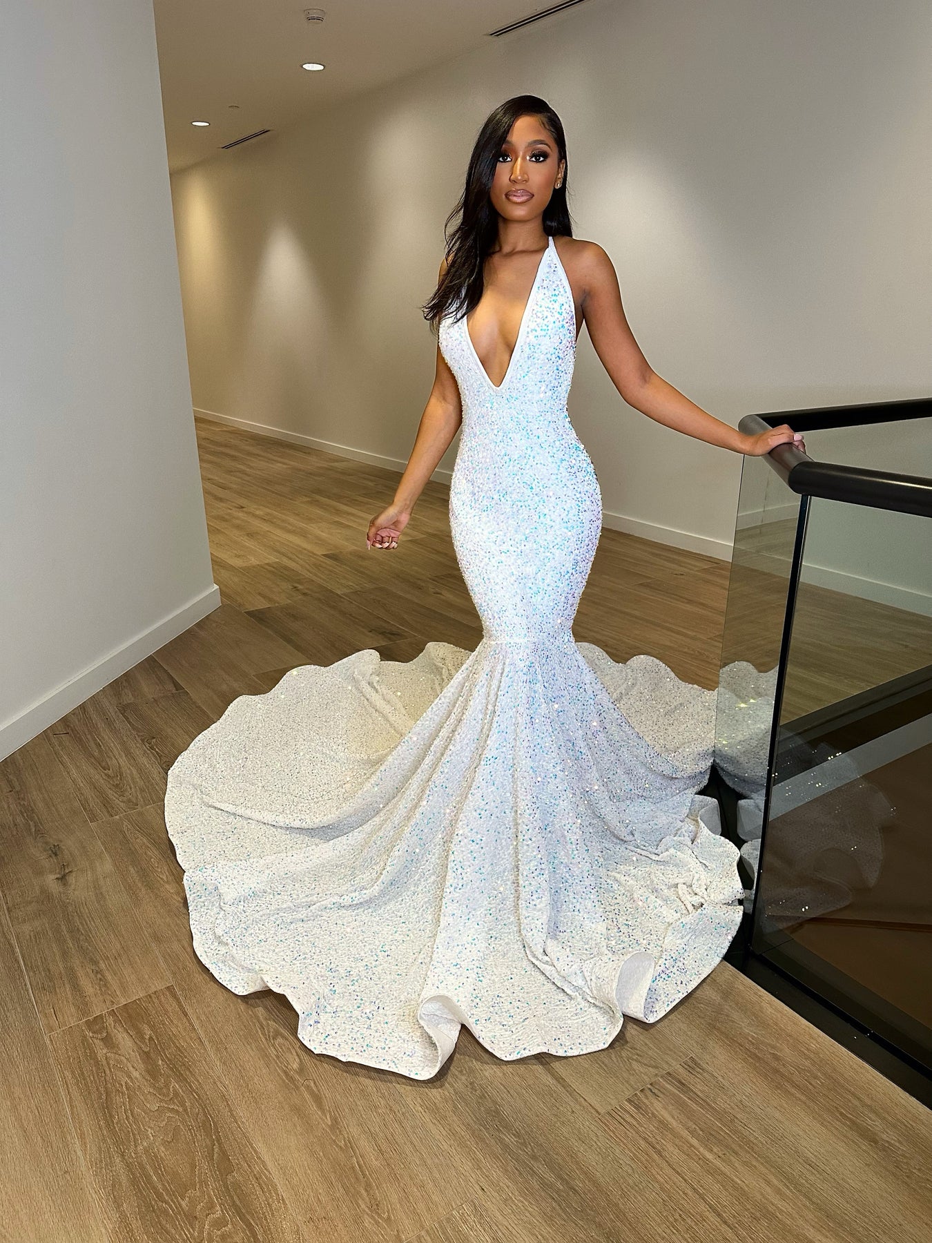 white mermaid pageant dress Sparkly White Mermaid Sequins One Shoulder Long Pageant Dress with Side Cape