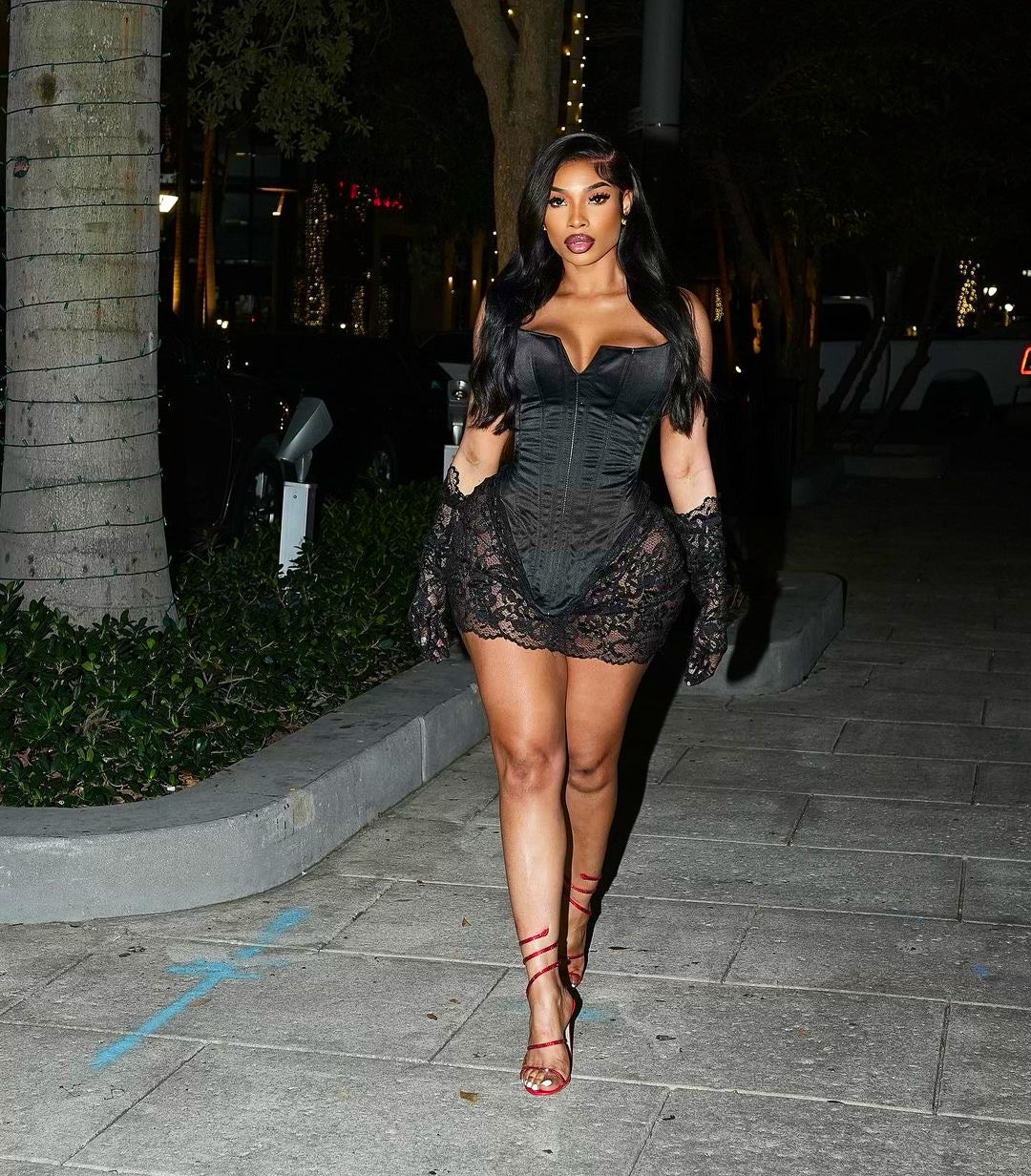 Kem Corset & Lace Mini Dress w/ Gloves Ken White Collection LLC Kem Corset & Lace Mini Dress w/ Gloves Ken White Collection LLC